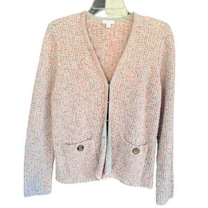 ER J. Jill Knit Tweed Cardigan‎ Button Front Pockets Pastel Pink Blue
